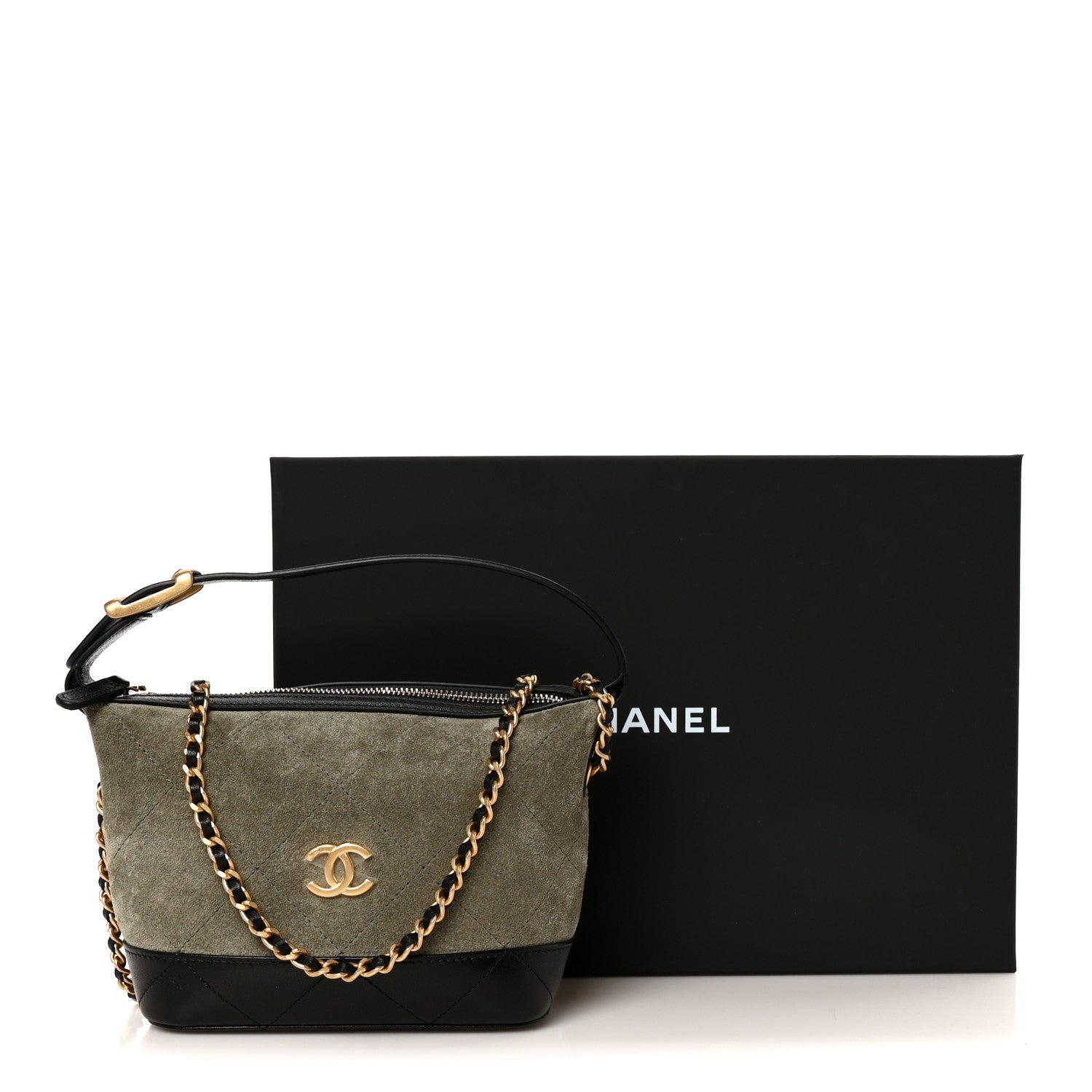 Suede Calfskin Shiny Lambskin Quilted Coco Base Hobo Clutch With Chain Khaki Black