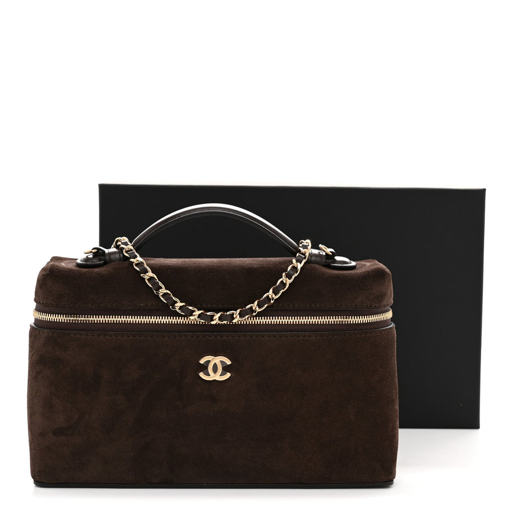 Suede Calfskin Large Top Handle Slim Vanity With Chain Dark Brown