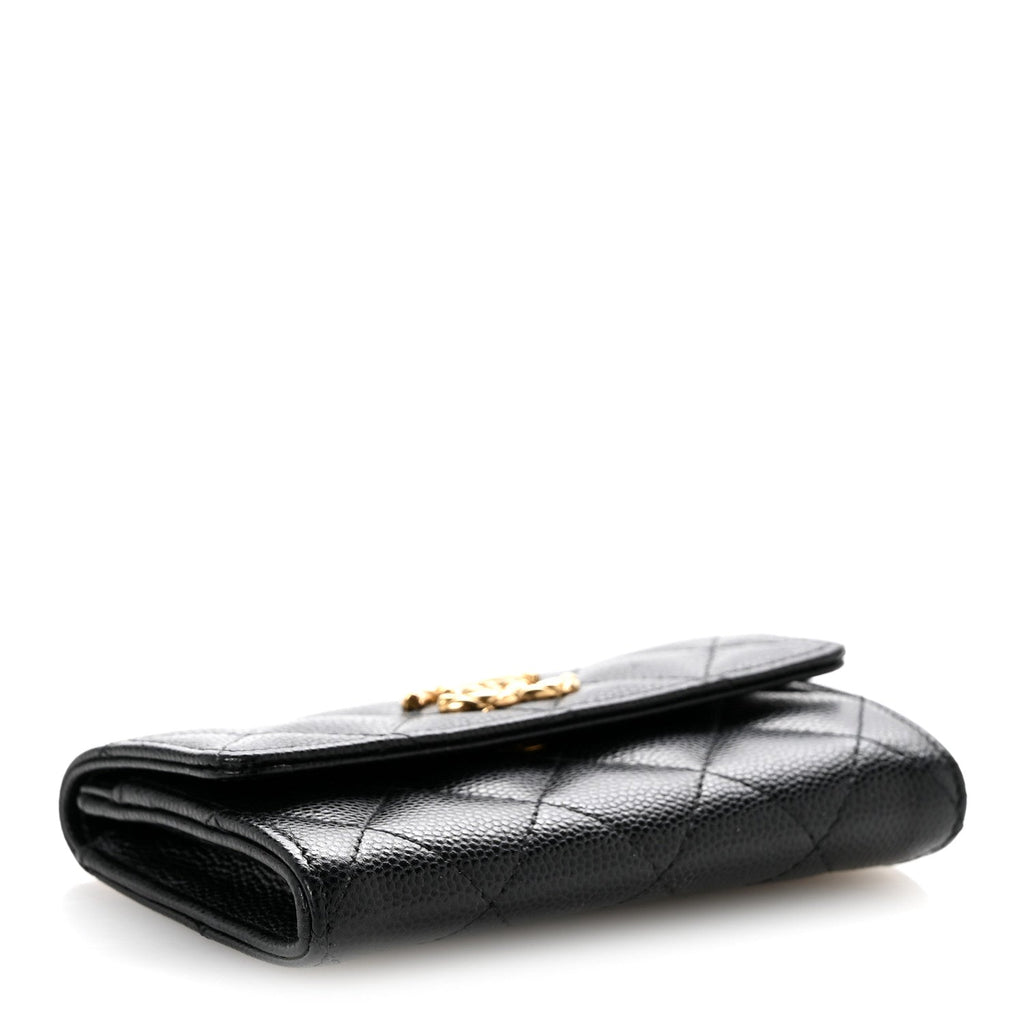 Caviar Quilted Chain CC Quilted Compact Flap Card Holder Black