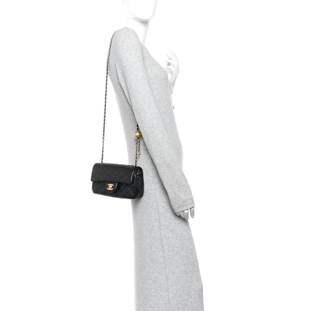 Lambskin Quilted Mini Rectangular Pearl Crush Flap Black