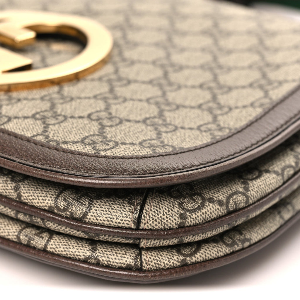 GG Supreme Monogram Textured Dollar Calfskin Web Medium Blondie Top Handle Shoulder Flap Bag Beige Ebony New Acero