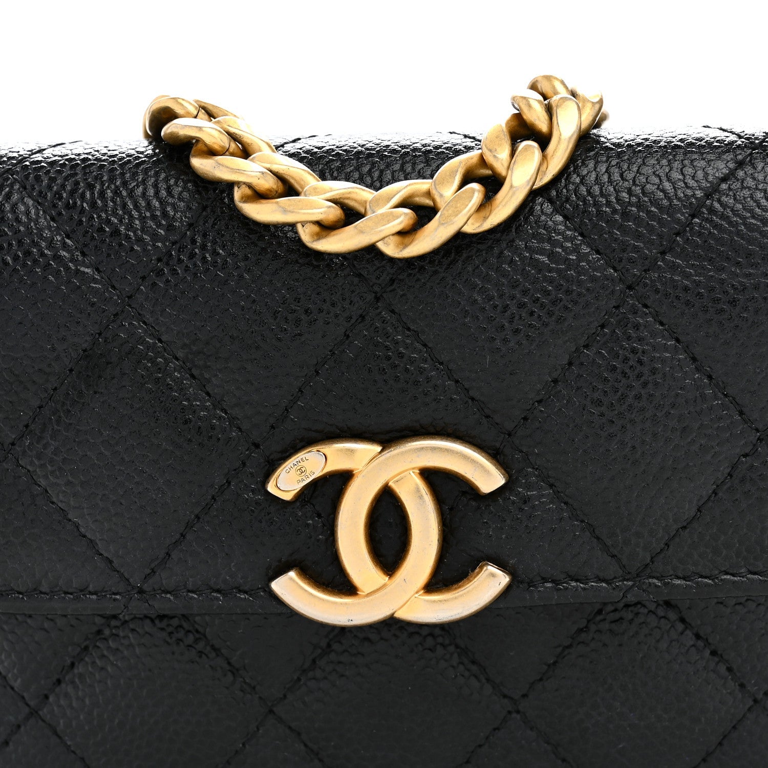 Shiny Caviar Quilted Chain Melody Card Holder On Chain Black
