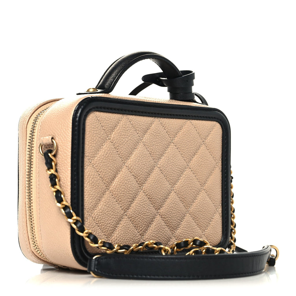 Caviar Quilted Small CC Filigree Vanity Case Beige Black Beige Black