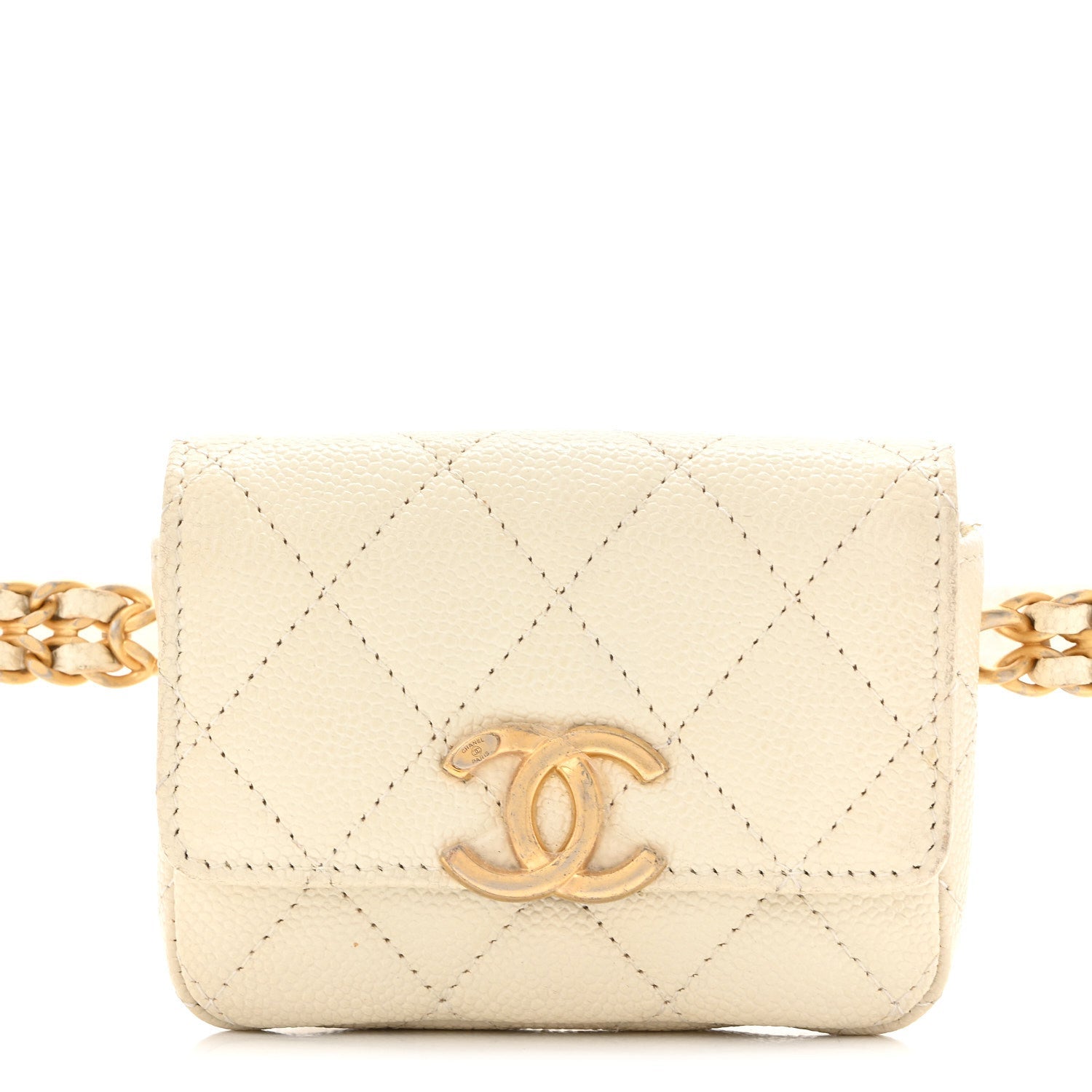Shiny Caviar Quilted Chain Melody Belt Bag White