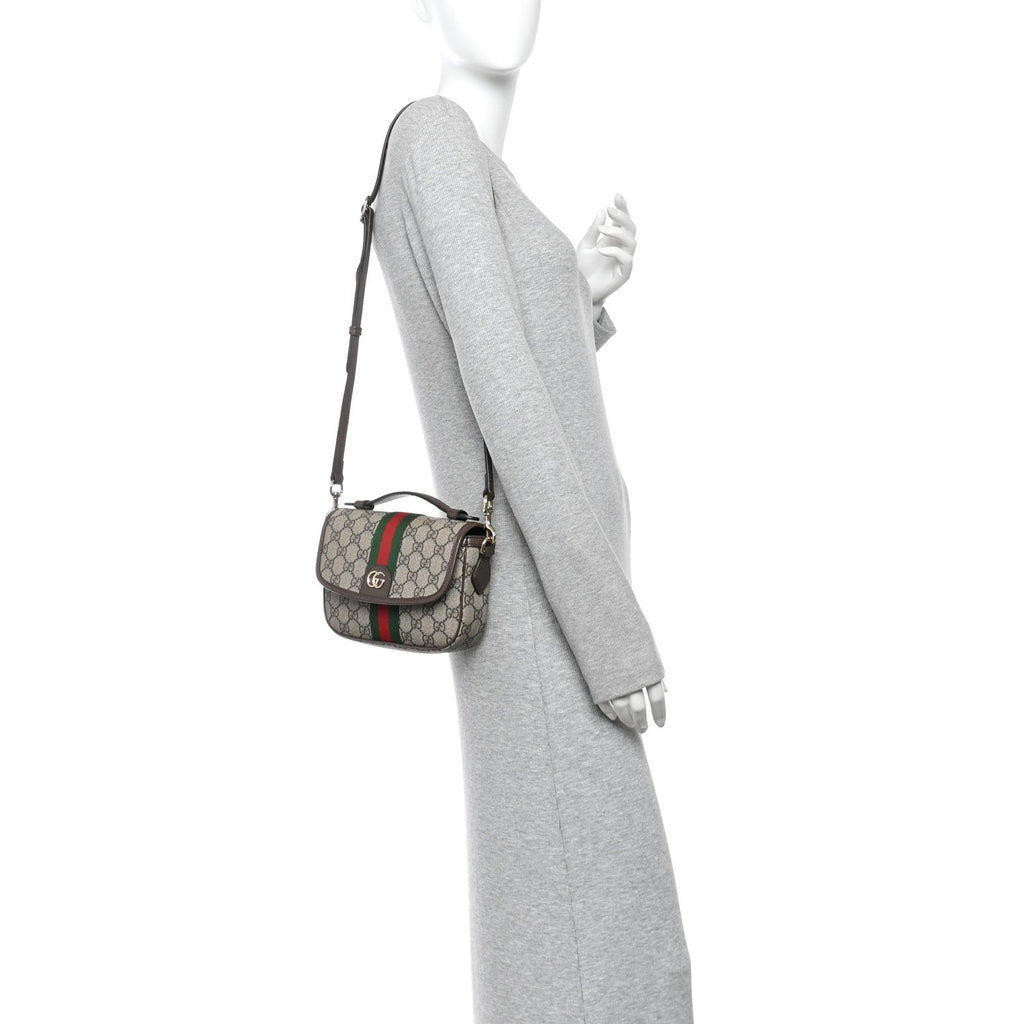 GG Supreme Monogram Textured Dollar Calfskin Small Ophidia Top Handle Shoulder Bag Beige Brown