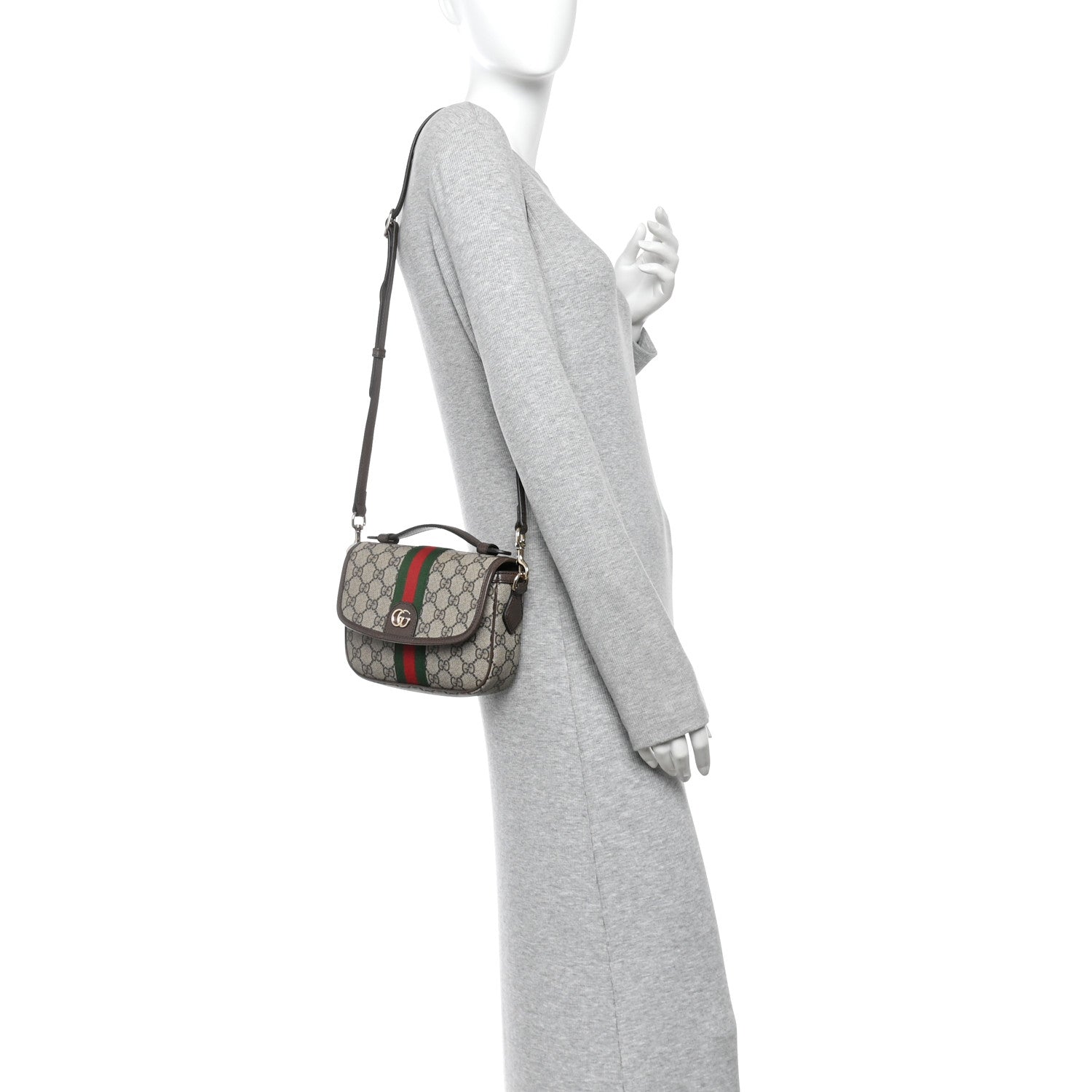 GG Supreme Monogram Textured Dollar Calfskin Small Ophidia Top Handle Shoulder Bag Beige Brown