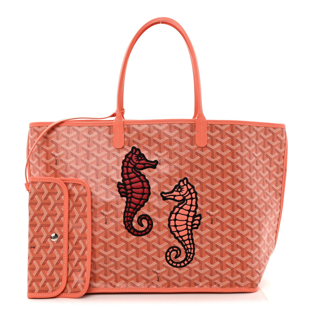 Goyardine Embroidered Seahorse Reversible Anjou PM Coral