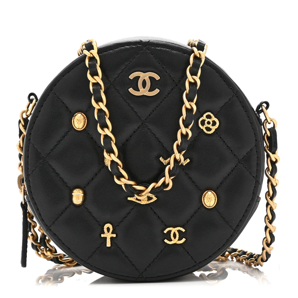 Lambskin Quilted Egyptian Amulet Round Clutch With Chain  Black