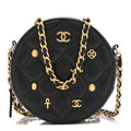 Lambskin Quilted Egyptian Amulet Round Clutch With Chain  Black