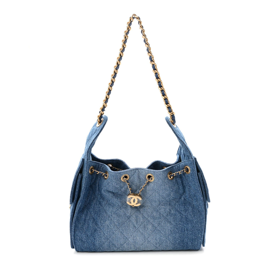 Washed Denim Quilted Small Chanel 25 Handbag Blue