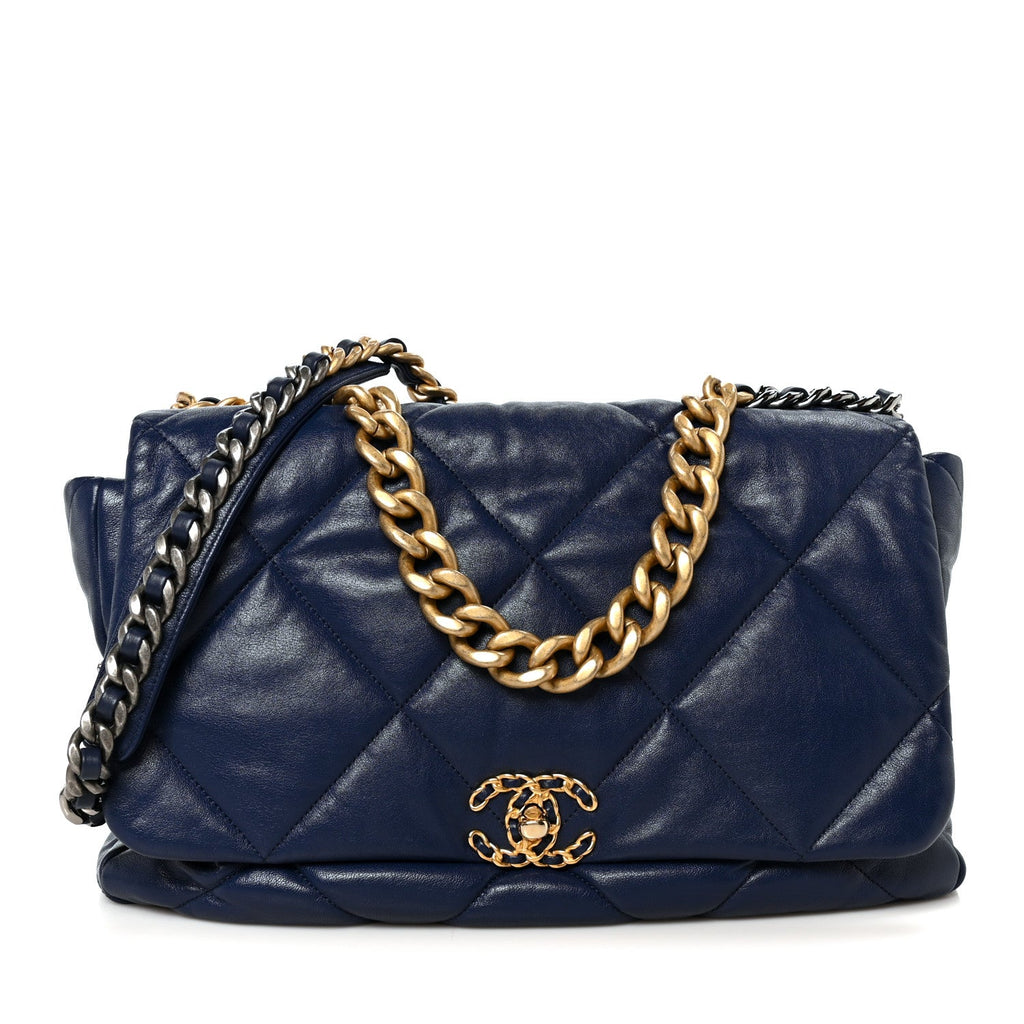Goatskin Quilted Maxi Chanel 19 Flap Navy Blue