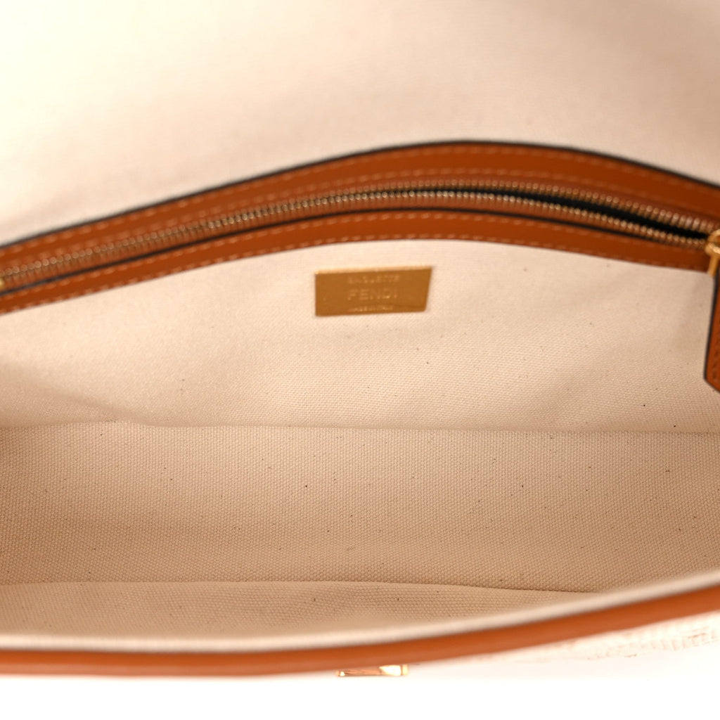 Canvas Vitello King Bi-Color Strap FF Embroidered Baguette Grezzo Brandy Cuoio