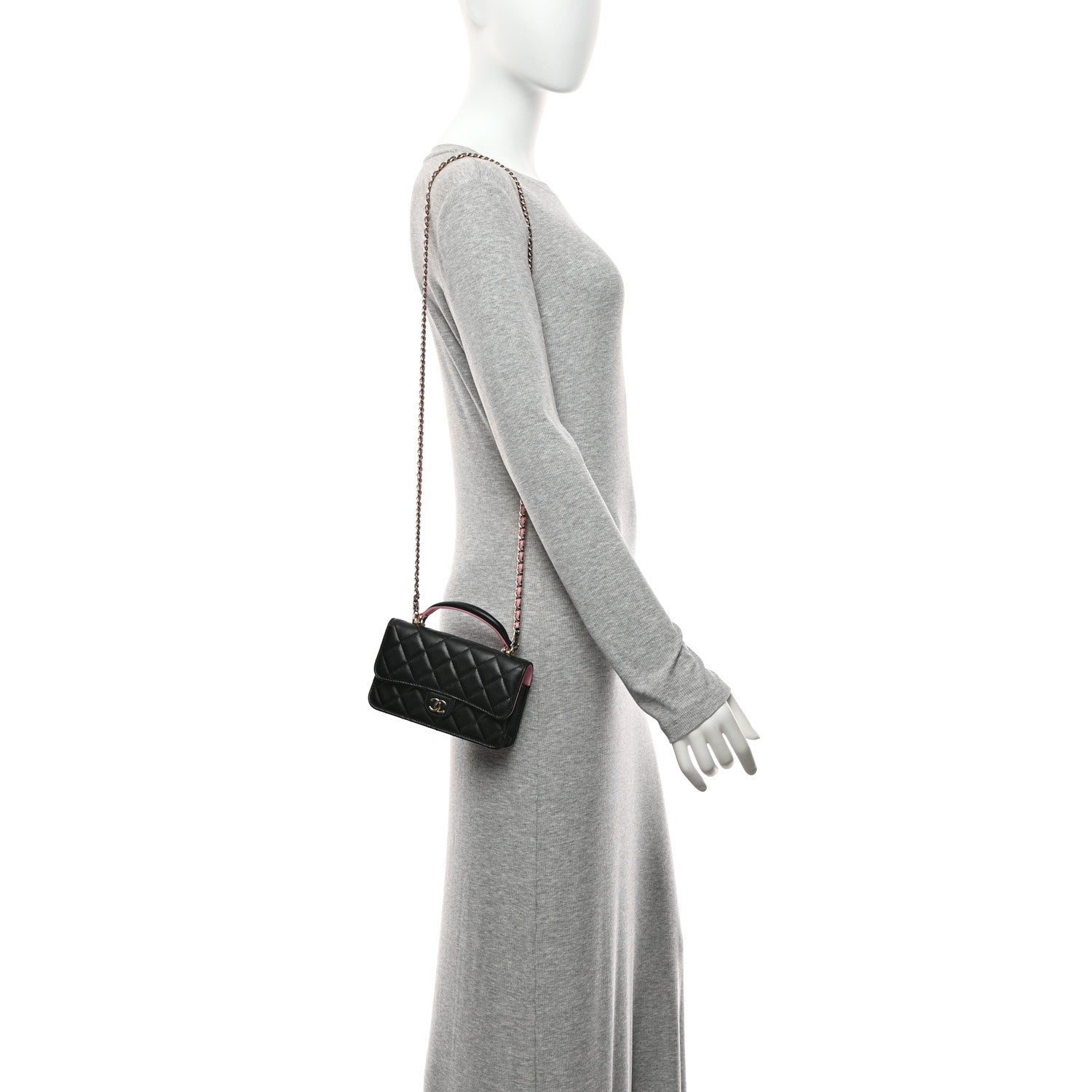 Lambskin Quilted Flap Phone Holder With Chain Black Lilac
