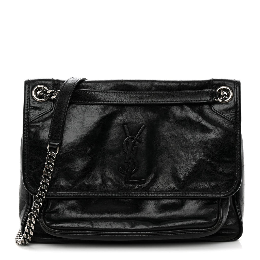 Crinkled Calfskin Monogram Medium Niki Chain Satchel Black