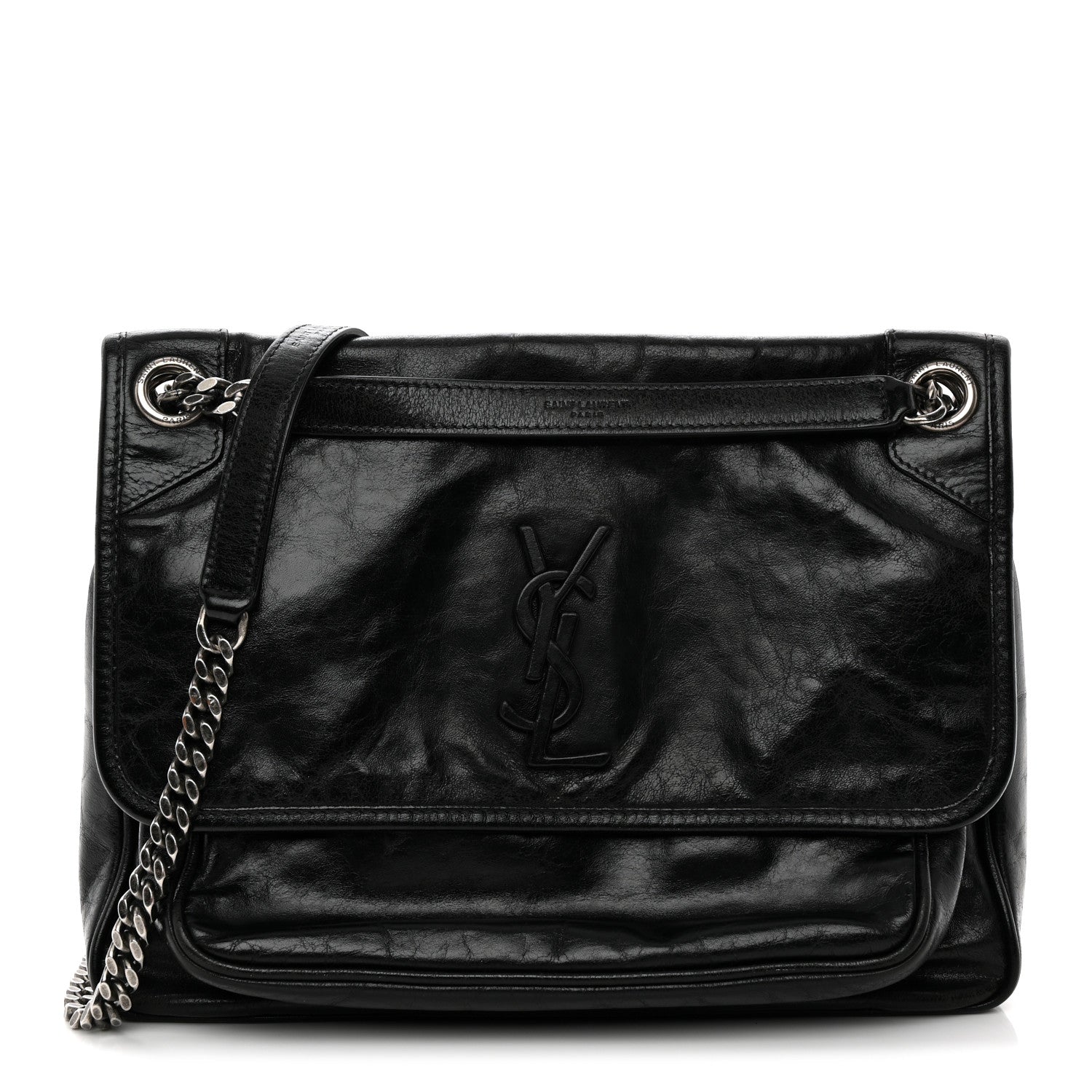 Crinkled Calfskin Monogram Medium Niki Chain Satchel Black