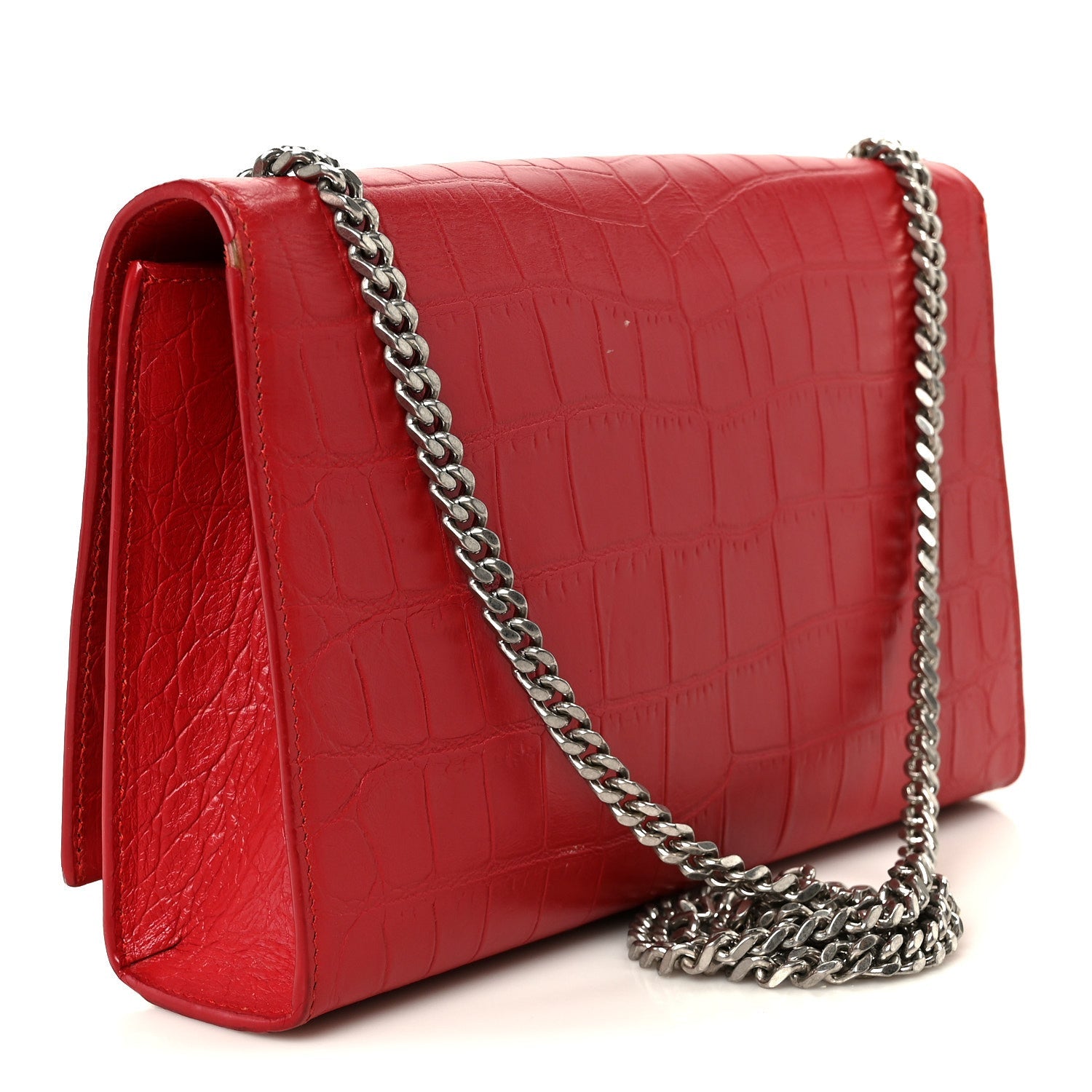 Calfskin Crocodile Embossed Medium Classic Monogram Kate Tassel Satchel New Red
