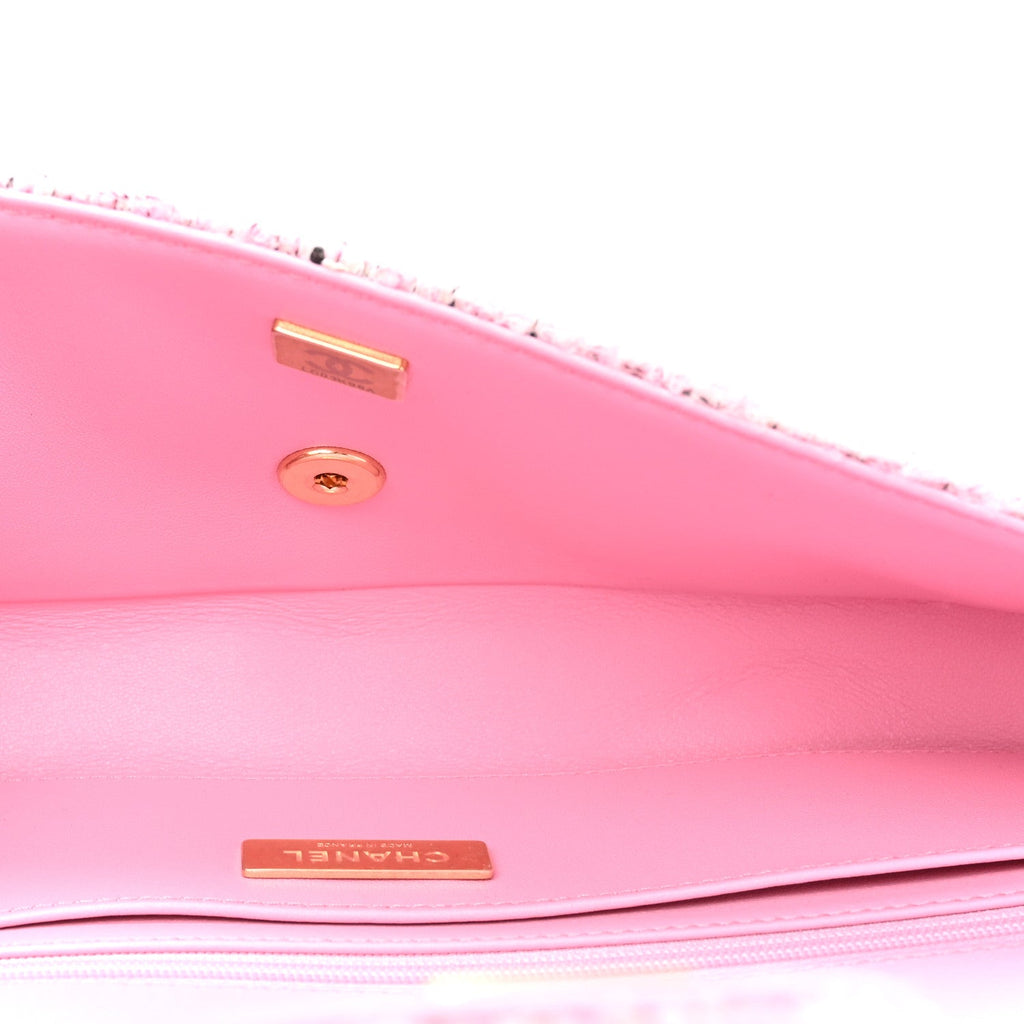 Tweed Large Top Handle Clutch With Chain Pink Black Ecru