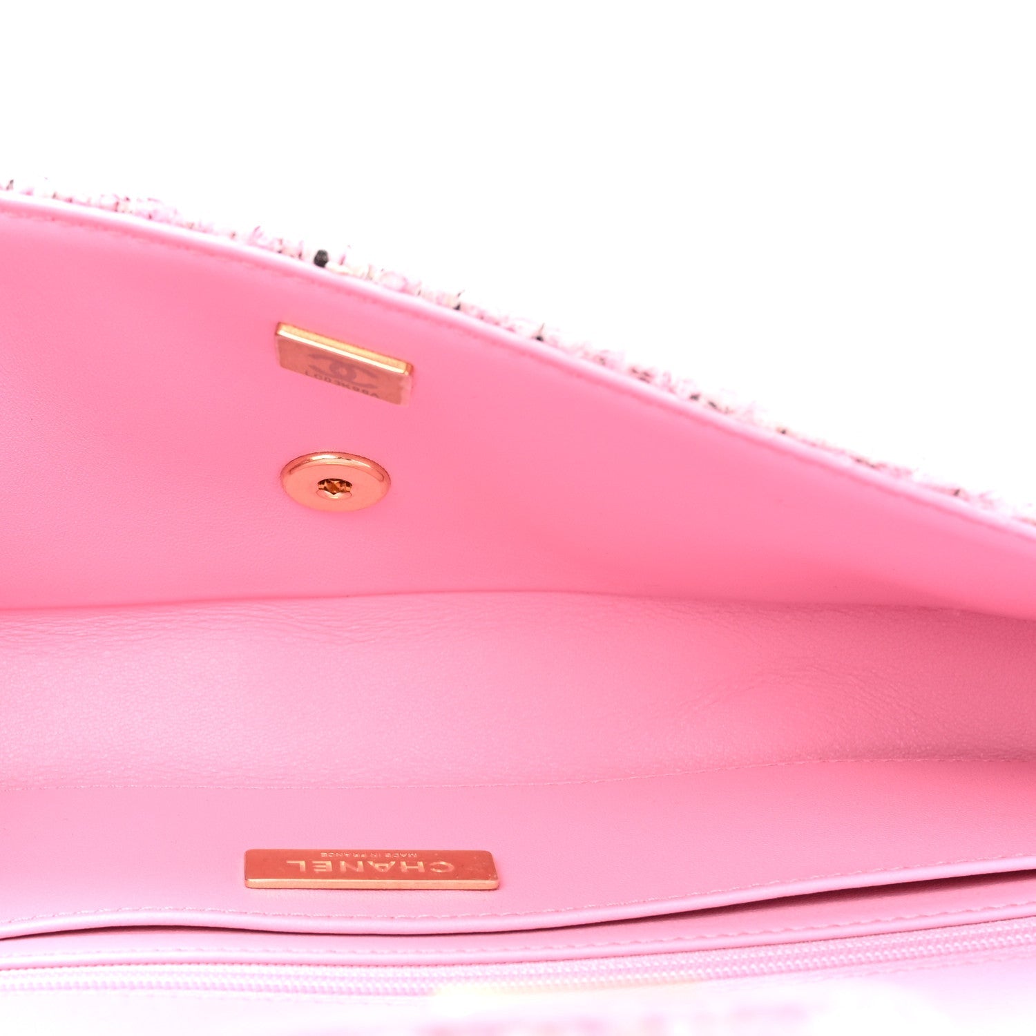 Tweed Large Top Handle Clutch With Chain Pink Black Ecru