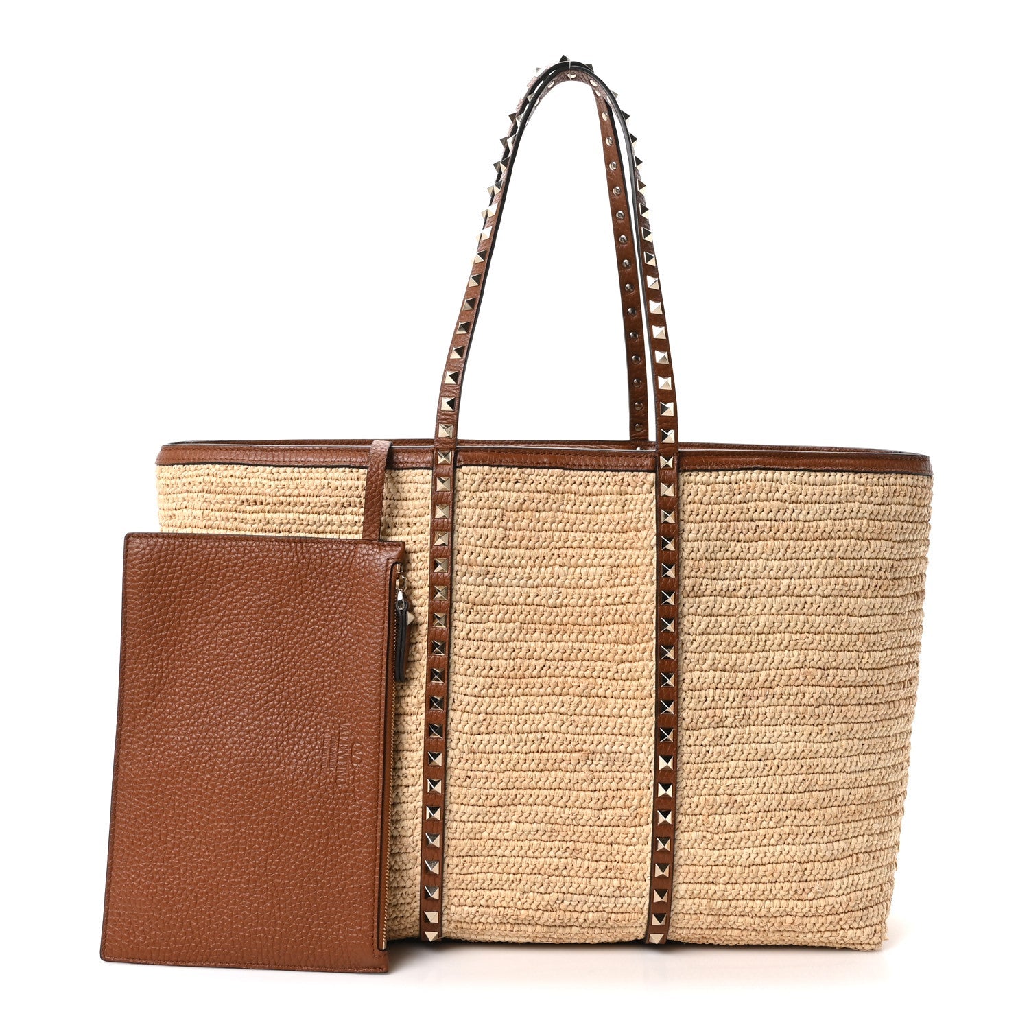 Raffia Calfskin Rockstud Shopping Tote Naturale Saddle Brown