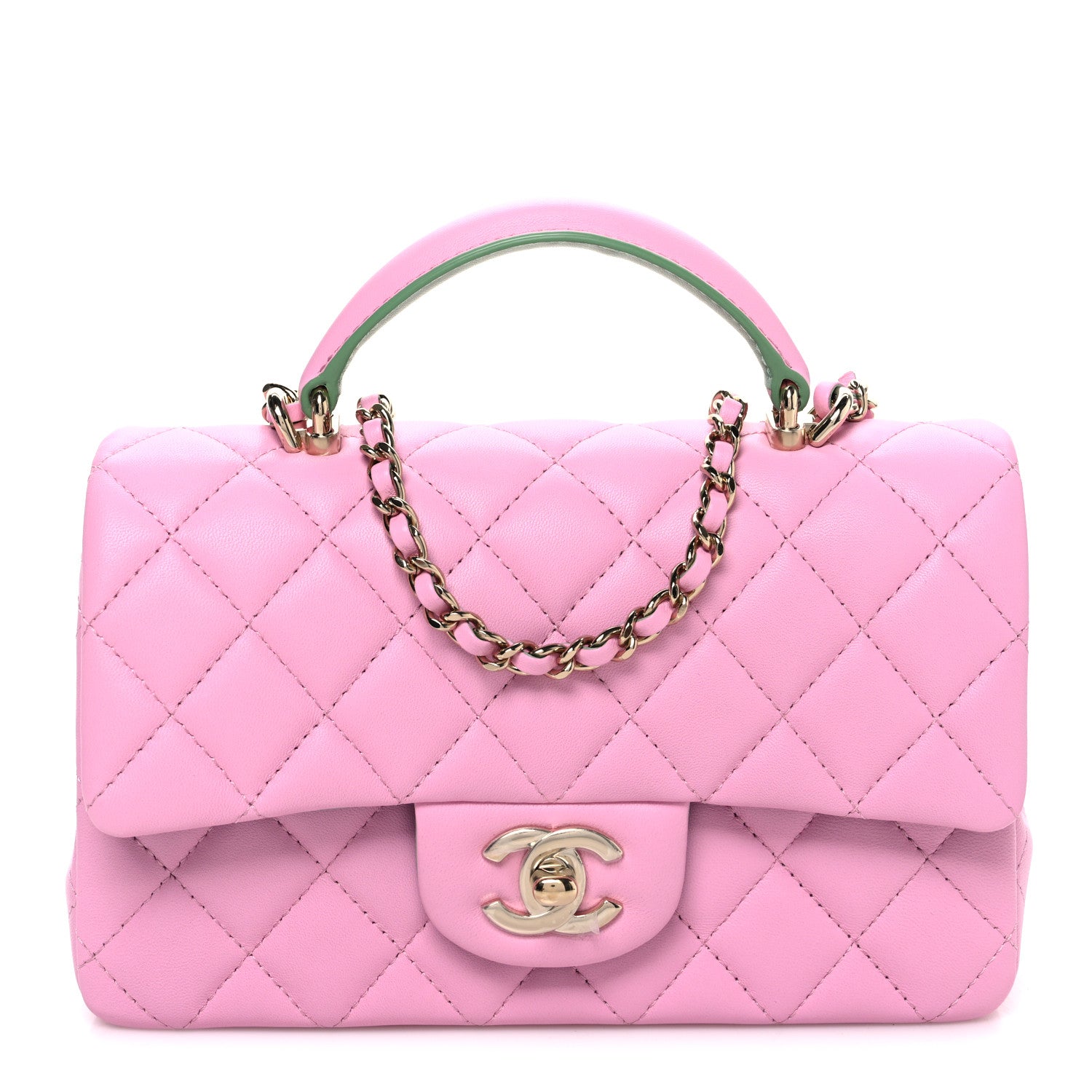 Lambskin Quilted Mini Top Handle Rectangular Flap Pink Green