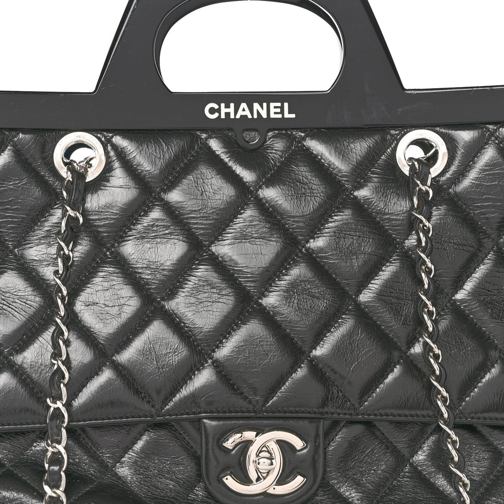 Glazed Calfskin Quilted Large CC Delivery Tote Black