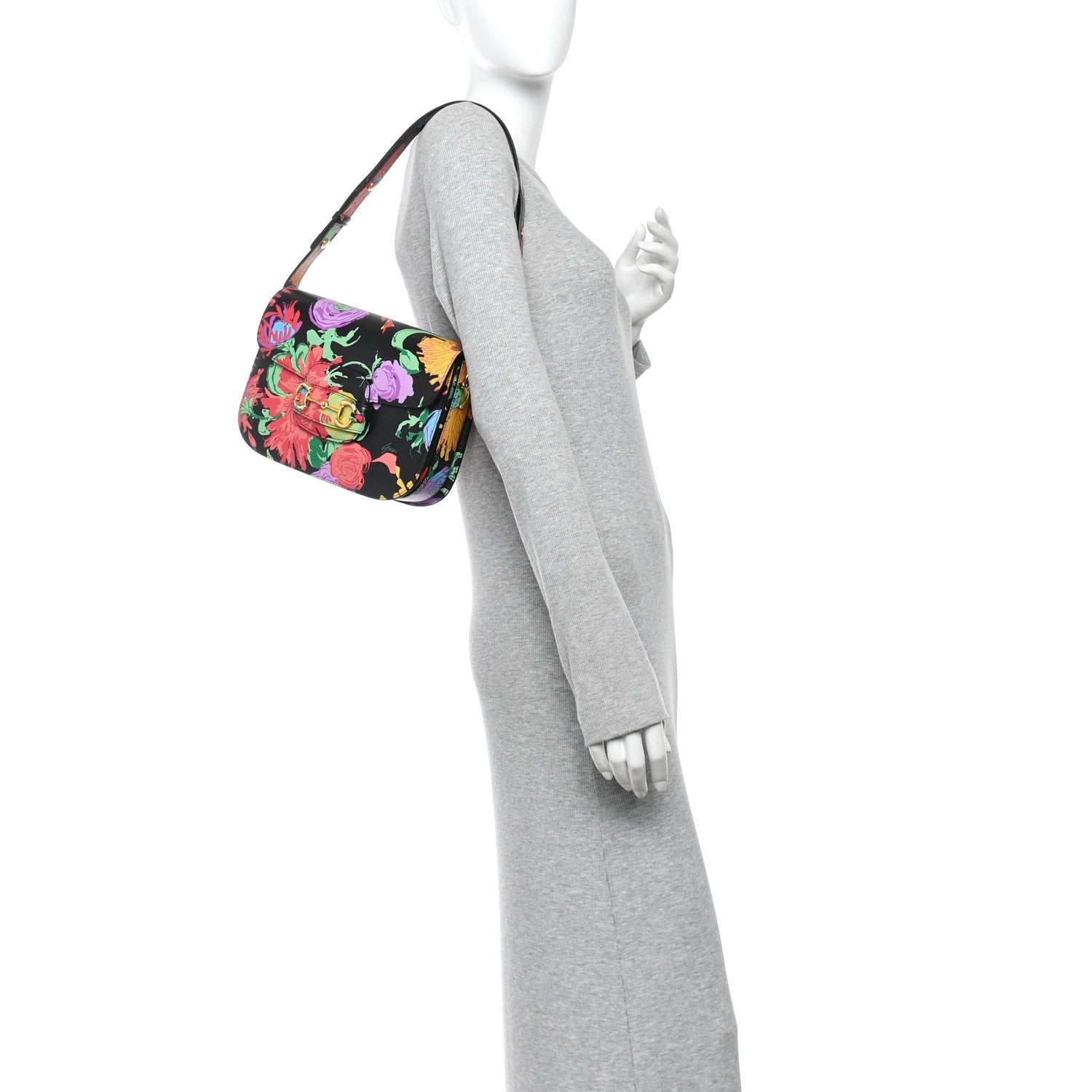 X KEN SCOTT New Shangai Calfskin Jenny Floral Print Horsebit 1955 Shoulder Bag Black Pink