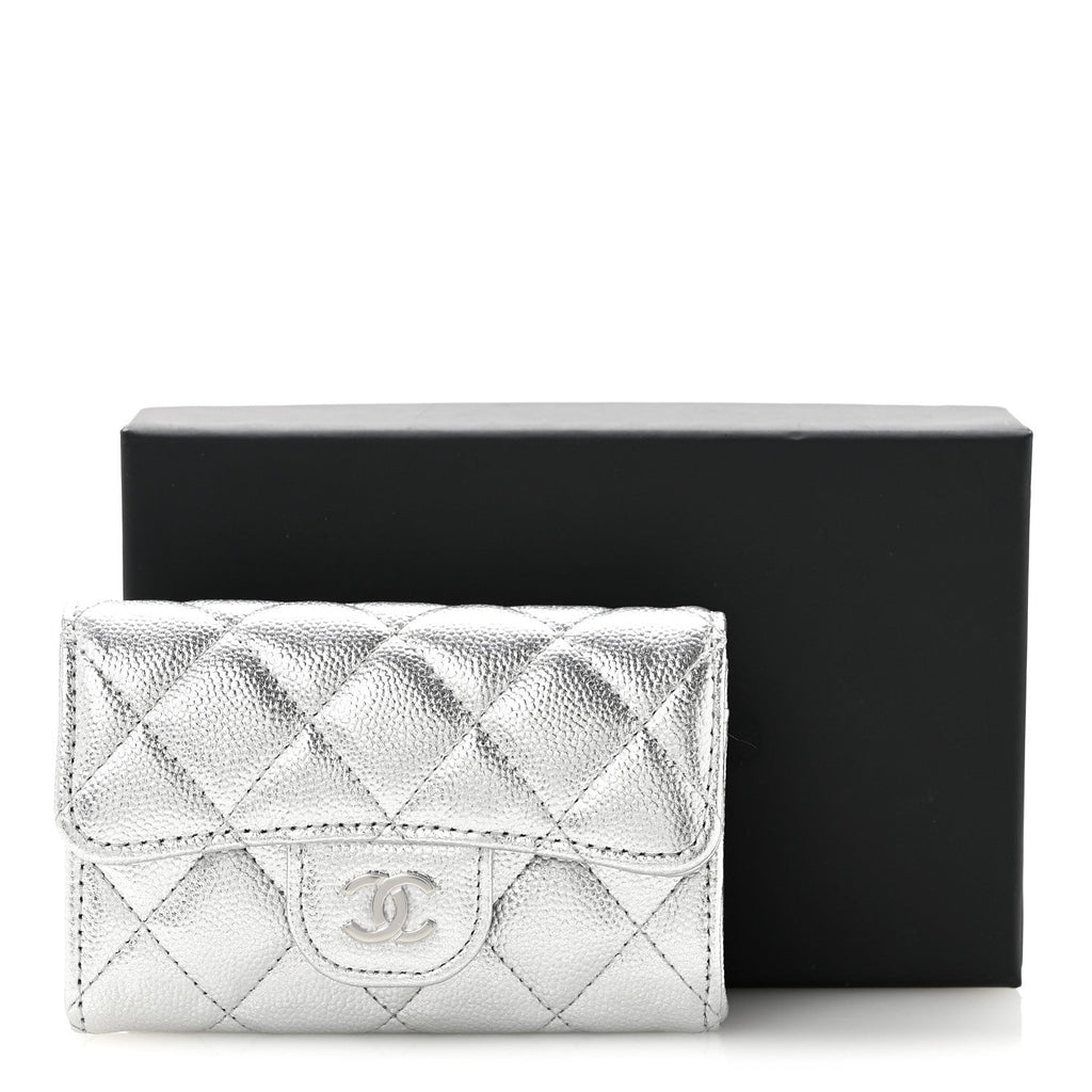 Glittered Metallic Caviar Quilted Flap Card Holder Wallet Silver