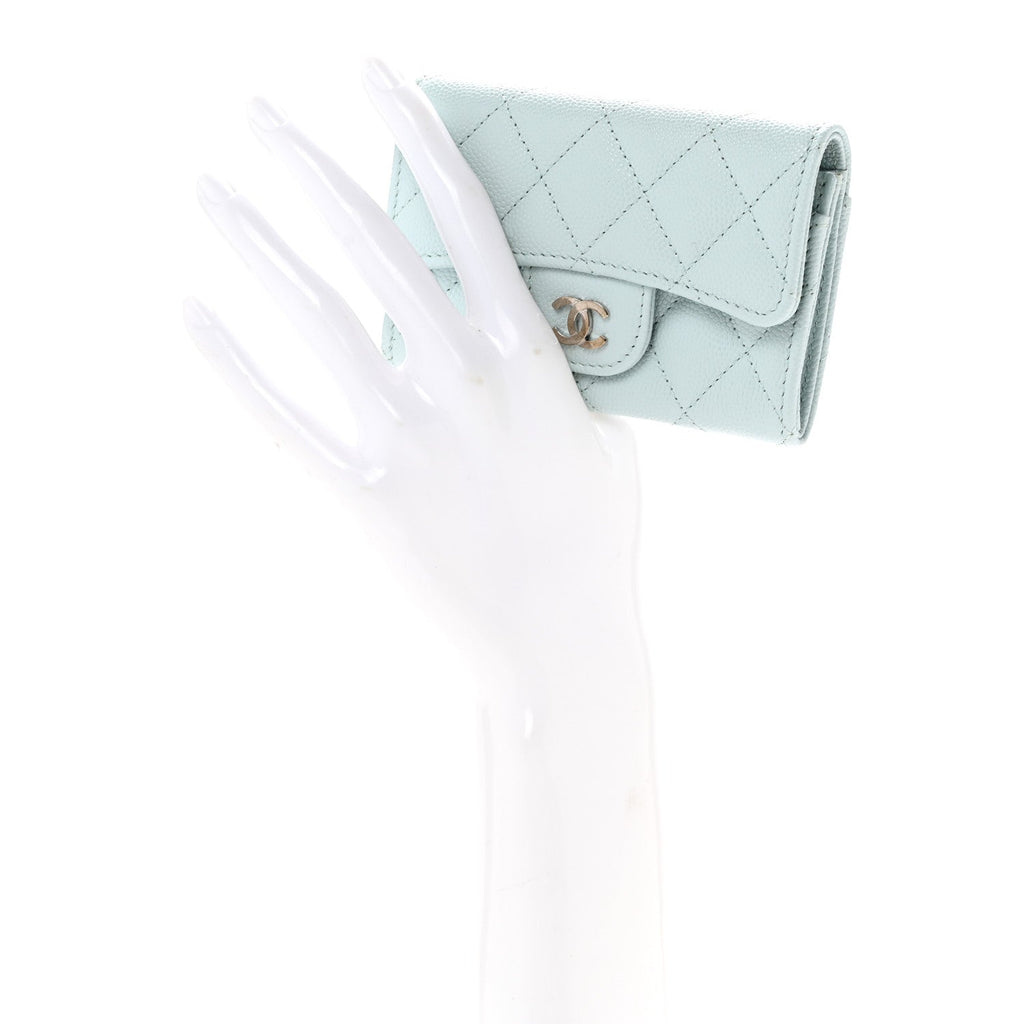 Caviar Quilted Flap Card Holder Wallet Light Blue