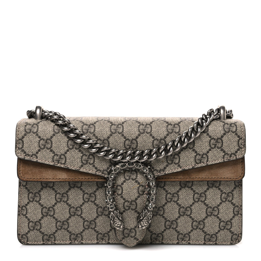GG Supreme Monogram Suede Crystal Small Dionysus Shoulder Bag Beige Ebony Taupe