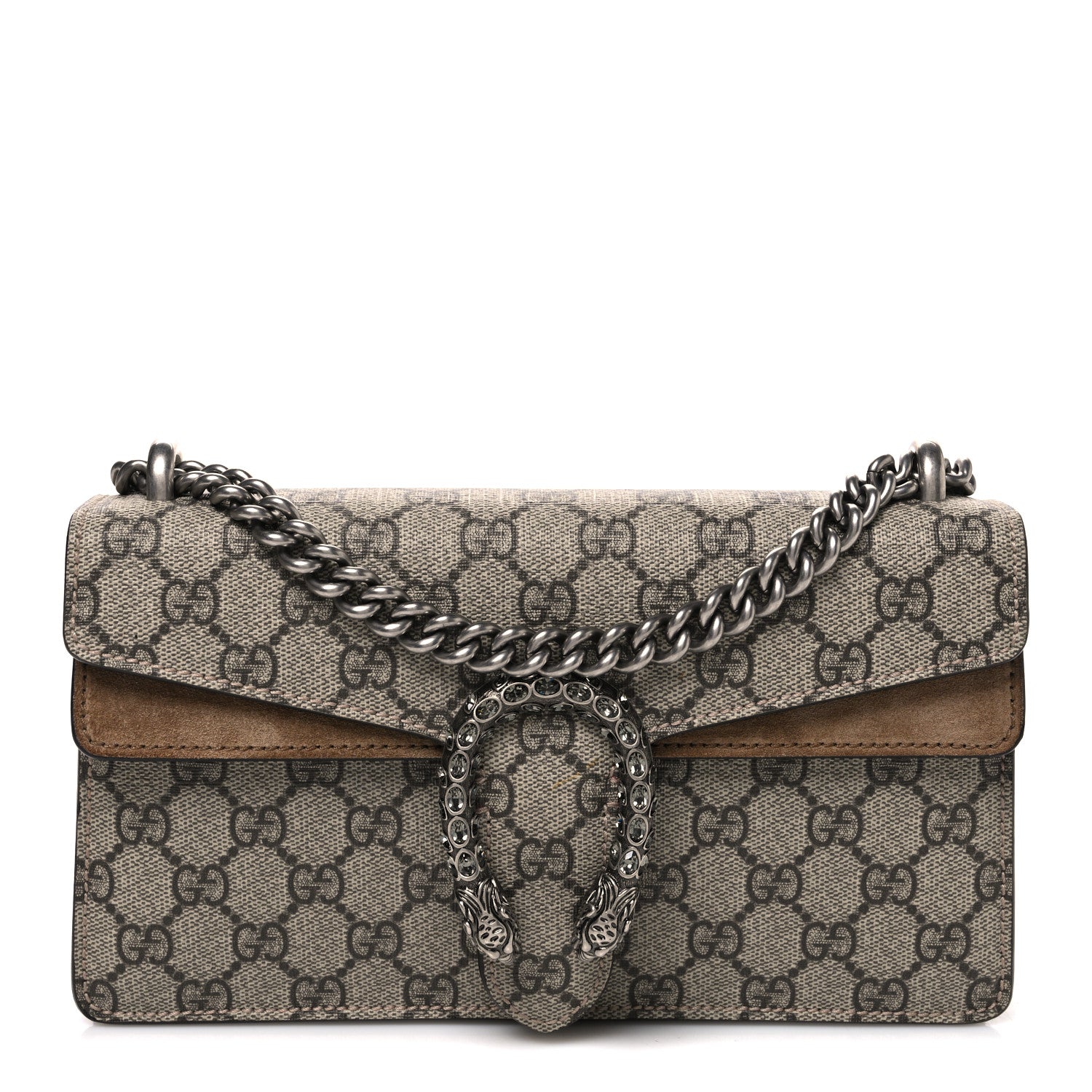 GG Supreme Monogram Suede Crystal Small Dionysus Shoulder Bag Beige Ebony Taupe