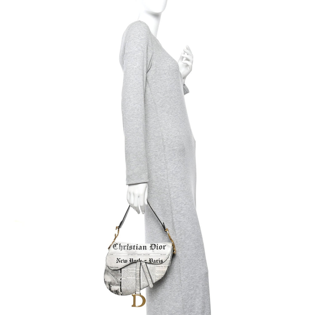 Calfskin Newspaper Printed Saddle Bag Black White