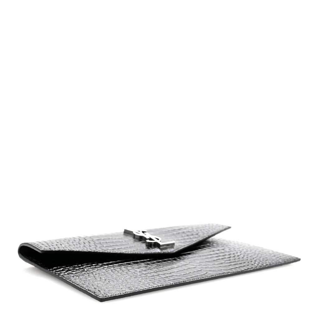 Calfskin Crocodile Embossed Uptown Monogram Clutch Black