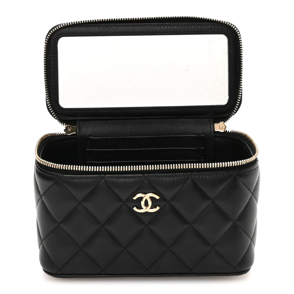 Lambskin Quilted Small Top Handle Vanity Case With Chain Black