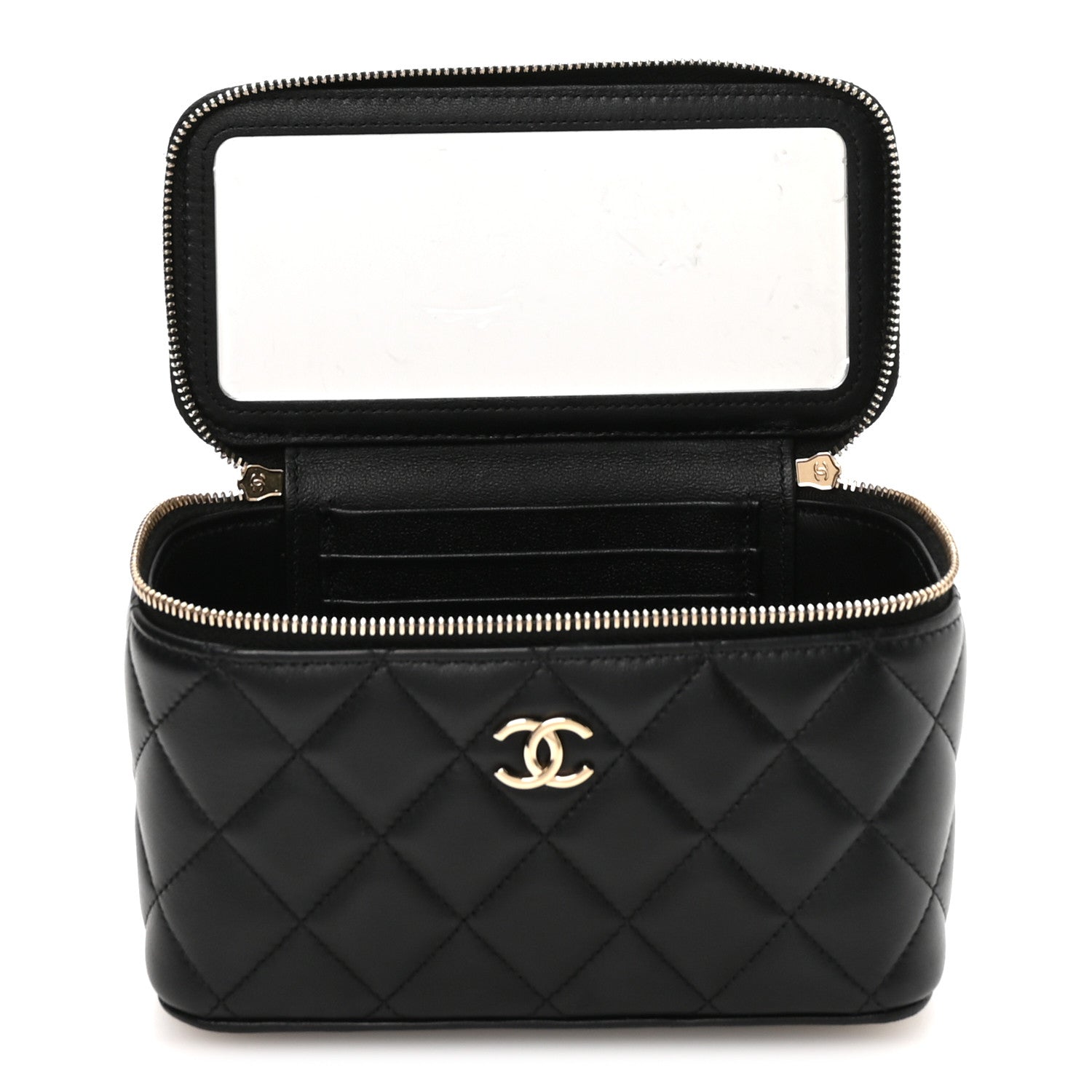 Lambskin Quilted Small Top Handle Vanity Case With Chain Black