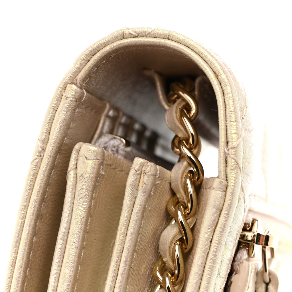 Iridescent Lambskin Quilted Mini Wallet On Chain WOC Ivory
