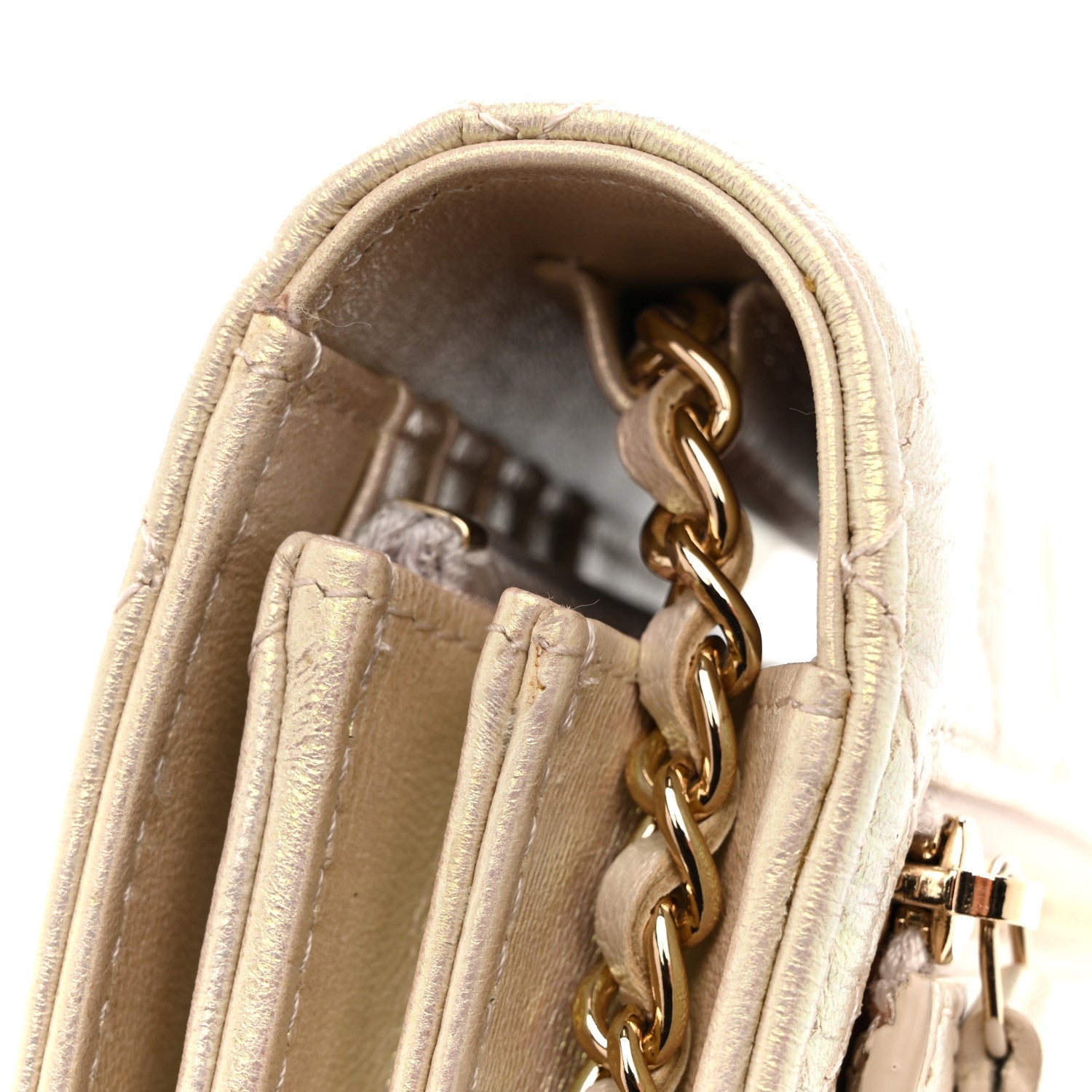 Iridescent Lambskin Quilted Mini Wallet On Chain WOC Ivory