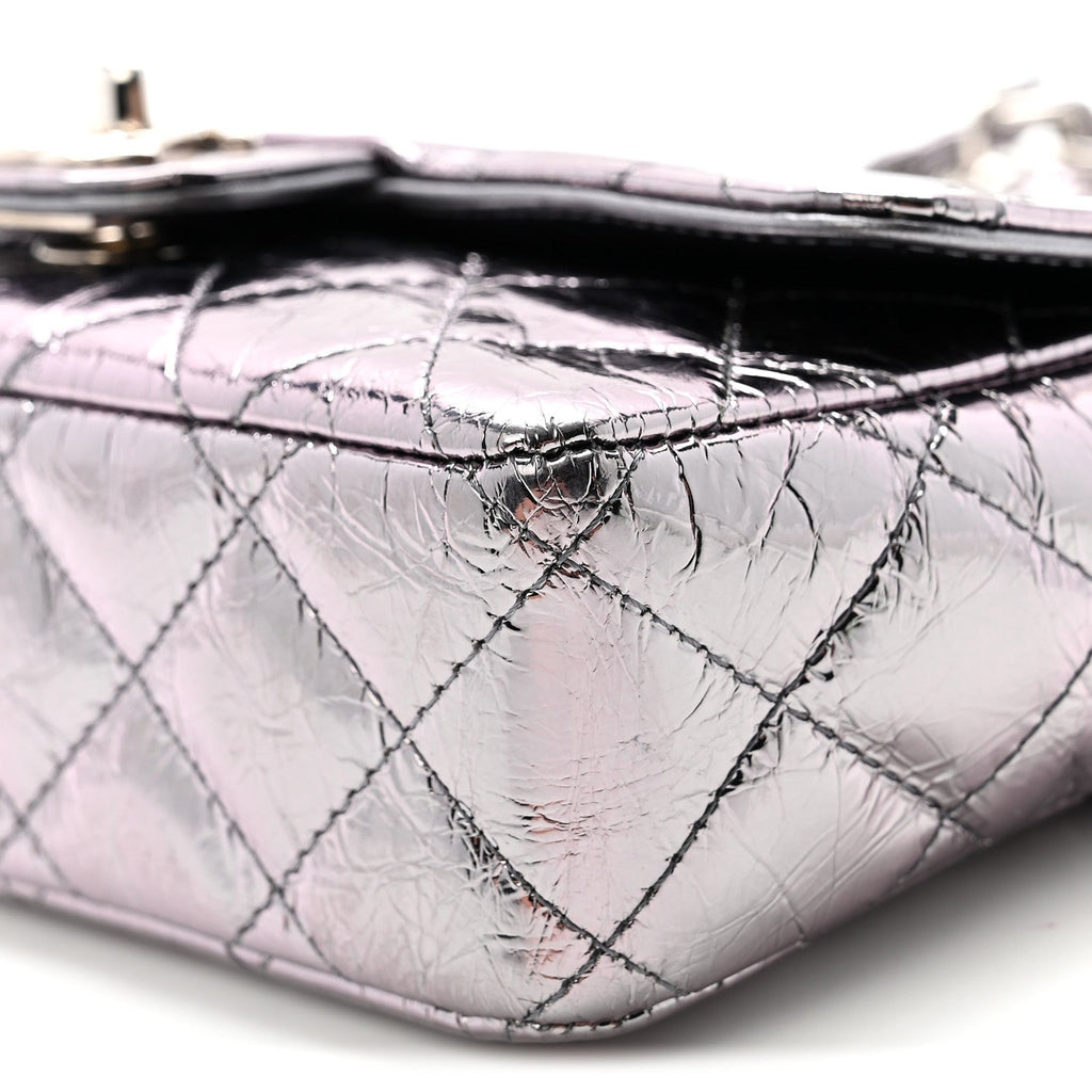 Crumpled Metallic Calfskin Quilted Ring Handle Mini Flap Silver