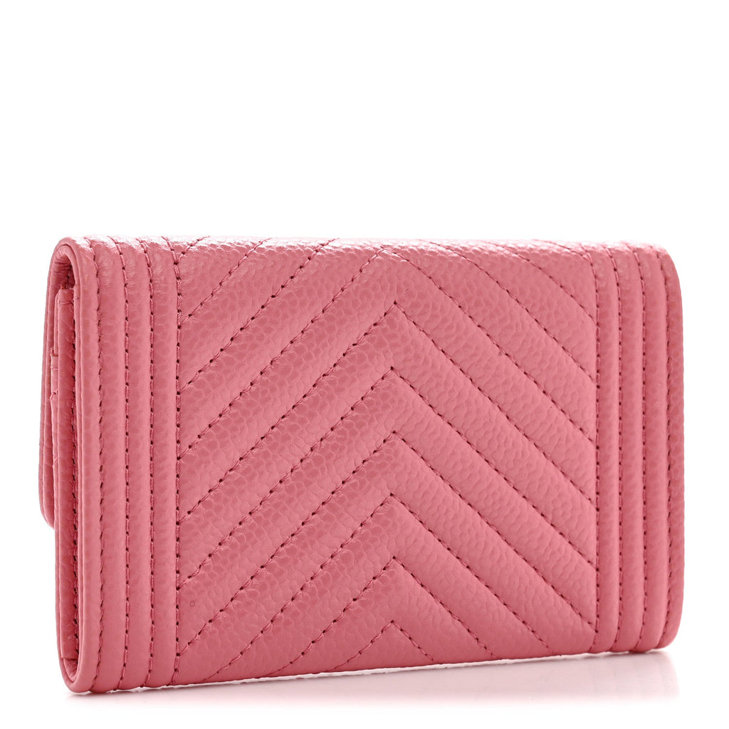 Caviar Chevron Quilted Boy Card Holder Wallet Dark Pink