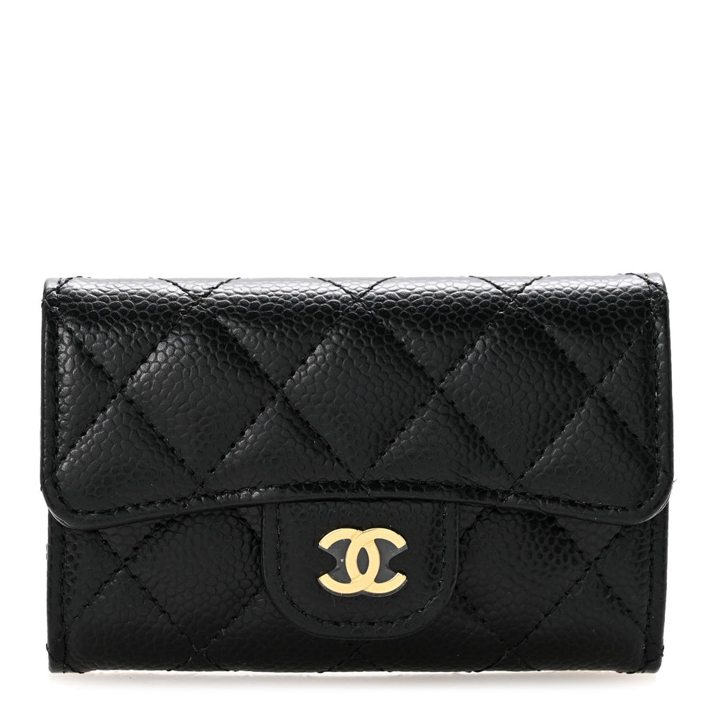 Caviar Quilted Flap Card Holder Wallet Black