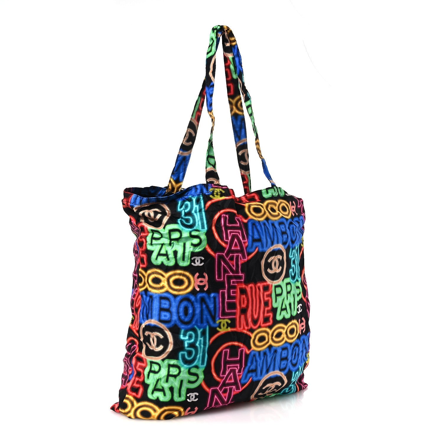 Caviar Fabric Graffiti Foldable Tote Bag With Chain Black Multicolor