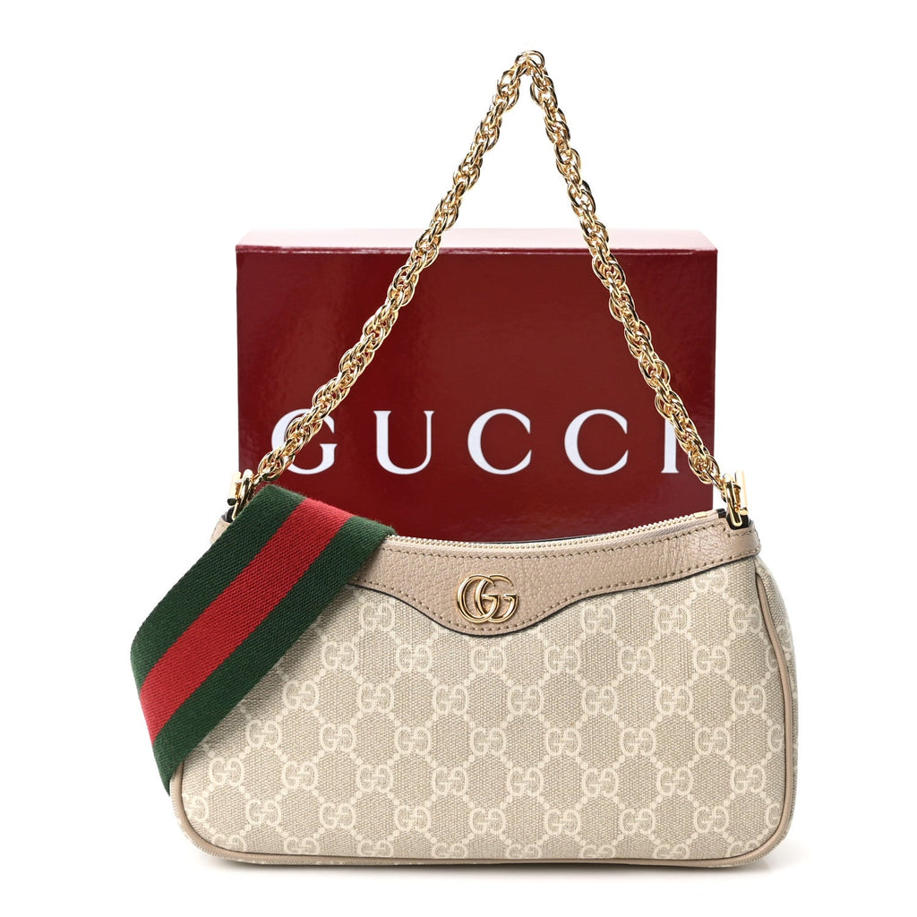 GG Supreme Monogram Textured Dollar Calfskin Web Small Ophidia GG Handbag Beige Mystic White Oatmeal