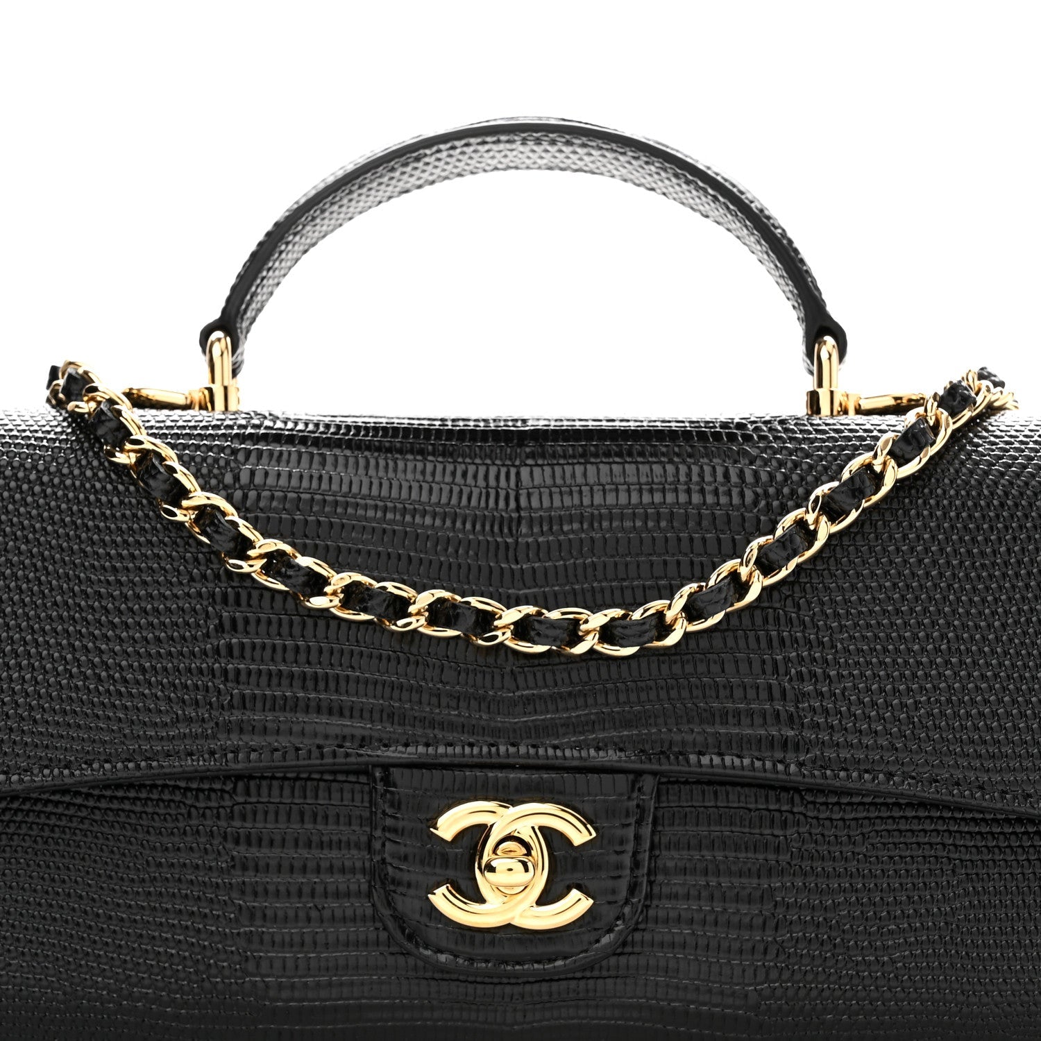 Calfskin Lizard Embossed Top Handle Clutch With Chain Black