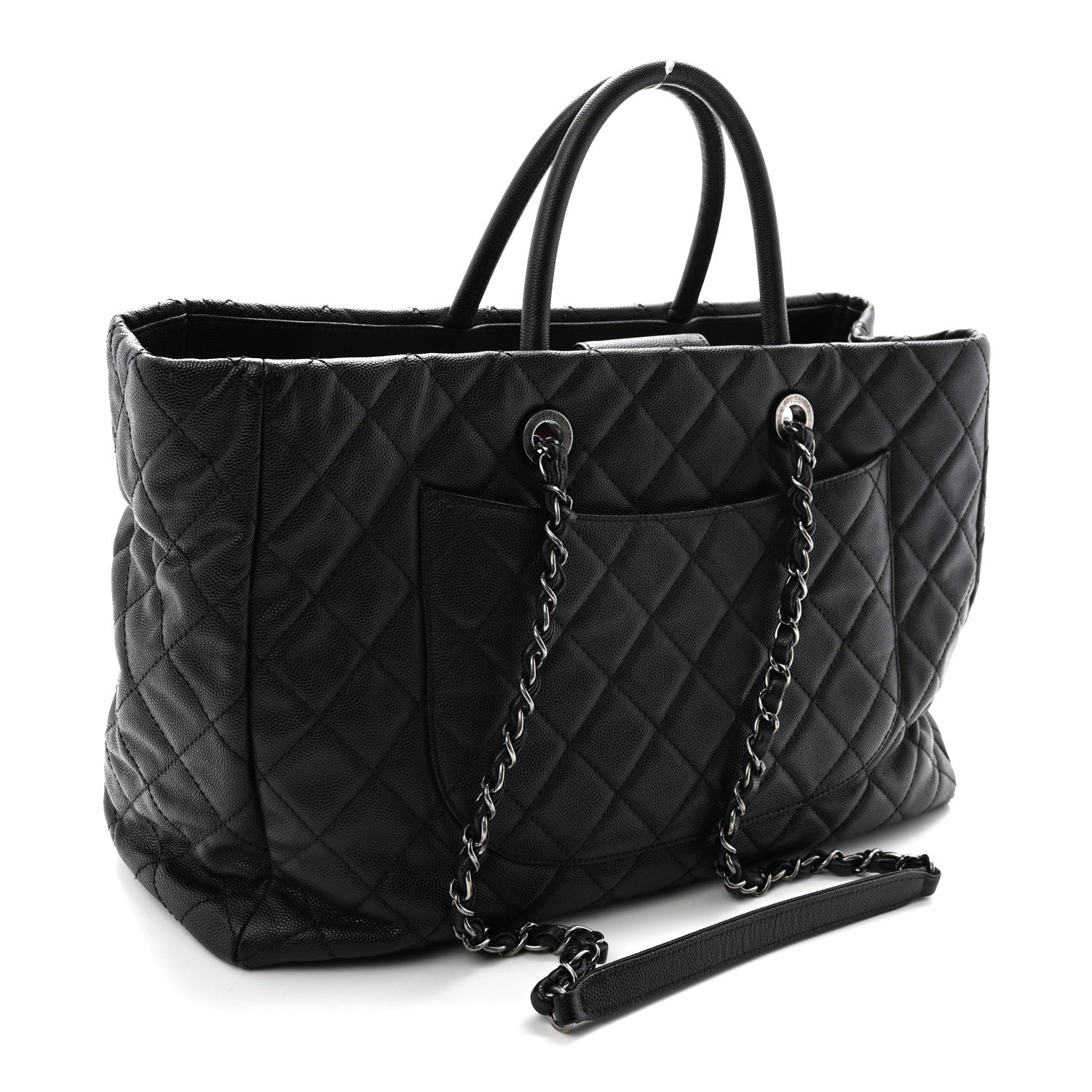 Caviar Quilted Large Coco Handle Shopping Tote Black