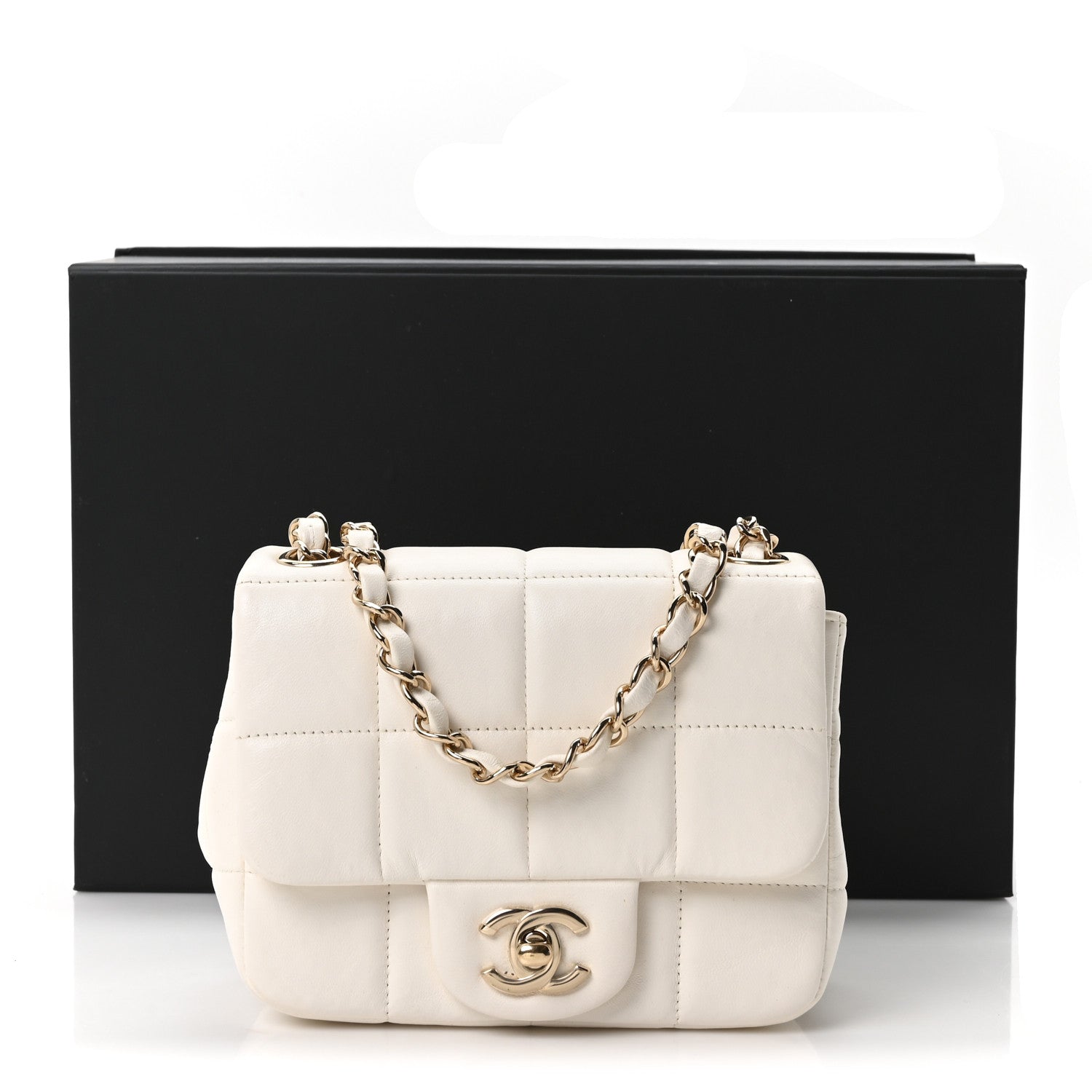 Lambskin Resin Crystal Square Quilted Monacoco Mini Square Flap White