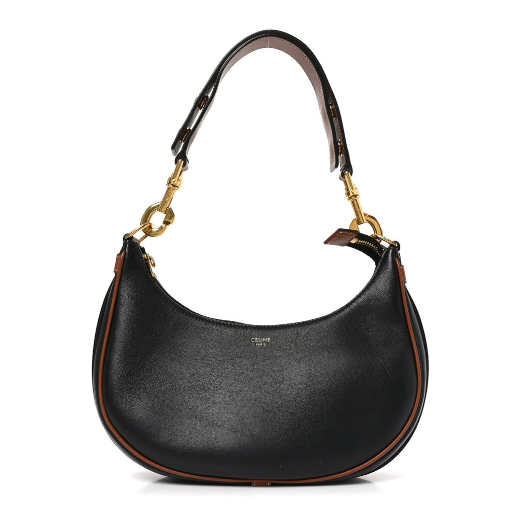 Smooth Calfskin Medium Strap Ava Shoulder Bag Black Tan