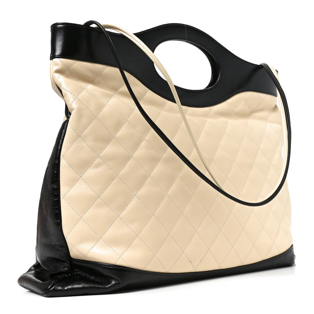 Aged Calfskin Quilted Large 31 Shopping Bag Beige Black