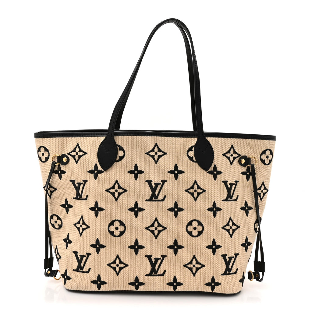 Cotton Monogram Embroidered Neverfull MM Beige Black
