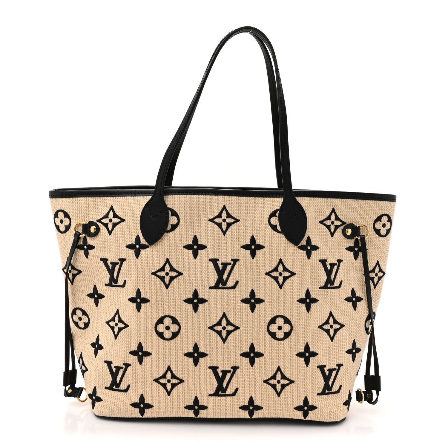 Cotton Monogram Embroidered Neverfull MM Beige Black