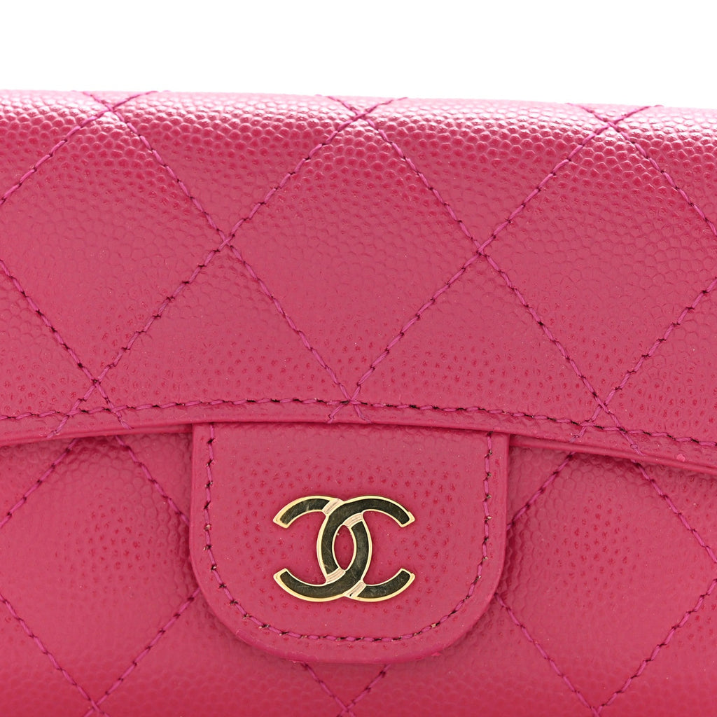 Caviar Quilted Flap Card Holder Wallet Dark Pink