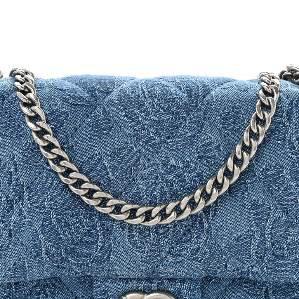 Denim Quilted Camellia Sweetheart Mini Flap Blue